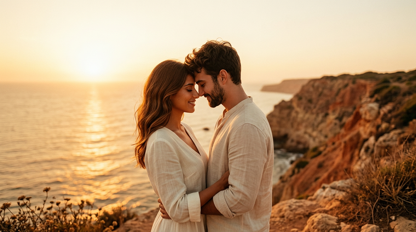 Alex and Mira embracing on a coastal cliff at sunset