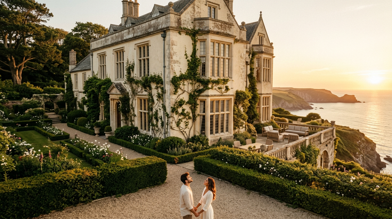 The Old Hawthorn Estate overlooking the coast at sunset